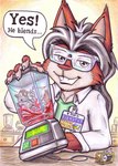 anthro appliance blender_(machine) blood bodily_fluids canid canine canis cerberus_(tirrel) clothing coat cooking_with_furs dismemberment eurasian_red_squirrel eyewear female fur generator glasses gore guts humor inside kitchen_appliance larger_anthro male mammal micro_anthro not_big_and_not_clever organs red_body red_fur rodent safety_glasses sciurid shirt size_difference smaller_anthro speech_bubble tetchie_(tirrel) tirrel topwear tree_squirrel white_clothing white_coat white_topwear wolf
