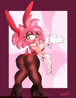 anthro big_breasts big_butt black_clothing black_footwear black_nose black_shoes border breasts bunny_costume butt clothing costume cuffs_(clothing) eyelashes fake_ears fake_rabbit_ears female fishnet_clothing fishnet_legwear footwear fur gloves green_eyes hair handwear legwear leotard looking_at_viewer looking_back looking_back_at_viewer one_eye_closed open_mouth pink_body pink_fur pink_hair purple_border red_clothing red_leotard shoes short_hair solo tan_body tan_fur thick_thighs white_clothing white_gloves white_handwear wide_hips wink winking_at_viewer bytesduh sega sonic_the_hedgehog_(series) amy_rose eulipotyphlan hedgehog mammal hi_res