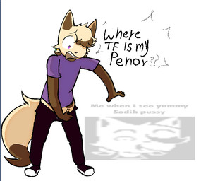 anthro brown_body brown_fur clothing clothing_pull fur markings one_eye_obstructed purple_eyes shocked solo spots spotted_body spotted_fur tan_body tan_fur text ssdh salty_(ssdh) domestic_cat felid feline felis mammal meme