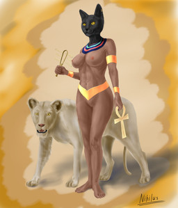 abs accessory ankh areola armlet black_body black_fur black_lips black_nose breasts duo egyptian female feral fur genitals gold_(metal) gold_accessory gold_jewelry jewelry lips muscular muscular_female musical_instrument nipples pupils simple_background slit_pupils standing tail tan_body tan_fur usekh vulva wide_hipped_female wide_hips yellow_eyes nihilusart egyptian_mythology middle_eastern_mythology mythology bast deity felid feline humanoid mammal absurd_res hi_res