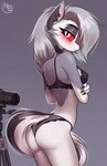 anthro bra butt clothing eyebrows female hair half-closed_eyes looking_at_viewer multicolored_body narrowed_eyes red_sclera simple_background solo tail underwear nevobaster helluva_boss mythology loona_(helluva_boss) canid canid_demon canine demon hellhound mammal mythological_canine mythological_creature 2024 absurd_res artist_name digital_media_(artwork) hi_res