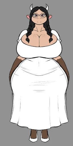 anthro big_breasts black_hair braided_hair breasts brown_body brown_eyes brown_fur cleavage clothed clothing curvy_figure dress eyewear female freckles fur glasses hair horn huge_breasts huge_hips smile solo thick_thighs voluptuous white_clothing white_dress wide_hips jwinkz bovid bovine cattle mammal