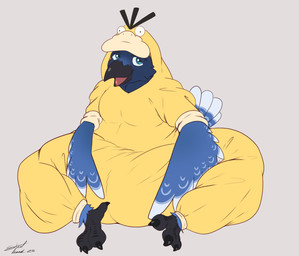 anthro clean_diaper clothed clothing diaper diaper_under_clothing front_view kigurumi looking_at_viewer male onesie open_mouth sitting slightly_chubby slightly_chubby_male smile solo wearing_diaper steelshark nintendo pokemon avian bird corvid corvus_(genus) crow generation_1_pokemon oscine passerine pokemon_(species) psyduck absurd_res hi_res