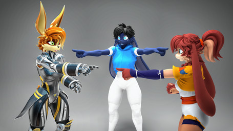 5_fingers anthro black_clothing black_hair black_leotard blue_clothing blue_eyes blue_topwear breasts brown_body brown_fur brown_hair buckteeth cheek_tuft clothing cybernetic_arm cybernetic_limb cybernetics facial_tuft female fingers fur gesture green_eyes grey_background group hair hand_gesture leggings legwear leotard long_ears machine medium_breasts pointing pointing_at_another purple_body purple_fur simple_background standing teeth topwear trio tuft white_clothing white_leggings white_legwear conditional_dnp domi3d warfaremachine_(modeler) star_wars star_wars_visions domi_(domi3d) holly_zanzibar lop_(star_wars_visions) warfare_holly warfare_lop lagomorph lepi leporid mammal rabbit 16:9 2023 3d_(artwork) 4k absurd_res digital_media_(artwork) hi_res meme source_filmmaker_(artwork) widescreen