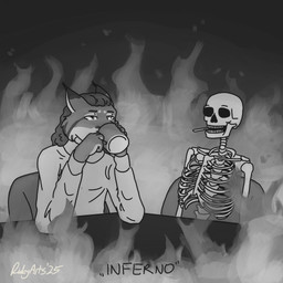 ambiguous_gender anthro bone burning chair cigarette clothing container countershade_face countershading cup disinterested drinking duo elbows_on_table fire furniture hair long_hair looking_into_the_distance male male/ambiguous on_chair sitting sitting_on_chair skeleton smoking smoking_cigarette sweater table tired topwear ricky_arts felid feline human humanoid lynx mammal 2025 monochrome