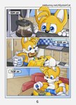 absurd_res alystaircat anthro beverage bottomwear canid canine clothed clothing coffee coffee_mug comic digital_media_(artwork) english_text footwear fox gloves handwear hi_res male mammal miles_prower sega socks solo sonic_the_hedgehog_(series) text url white_clothing white_footwear white_gloves white_handwear white_socks young