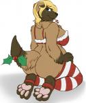 anthro big_breasts biped blonde_hair blue_eyes breasts brown_body brown_fur butt candy candy_cane christmas_outfit dessert female food fur hair holidays holly_(plant) kneeling plant slightly_chubby solo anuvia christmas scarlett_(fen-fen) canid canine canis domestic_dog leonberger mammal molosser mountain_dog