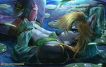 abs anthro anthrofied blonde_hair blue_eyes bodily_fluids clothed clothing crossdressing cum cum_drip depth_of_field dripping ear_piercing erection fur genital_fluids genitals gerudo_outfit green_body green_fur hair hand_behind_head holding_penis humanoid_genitalia humanoid_penis lily_pad looking_at_viewer looking_back male masturbation navel open_mouth partially_submerged penile penile_masturbation penis piercing plant pose solo spreading water wet momobeda breath_of_the_wild nintendo the_legend_of_zelda link_(wolf_form) canid canine canis gerudo mammal wolf pinup