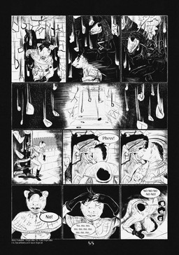 10_panel_comic 5_fingers anthro biped black_eyes black_hair black_text clothed clothing corridor dialogue ellipsis fingers frustrated gloves hair hand_on_head handwear lying male motion_lines on_front on_ground open_mouth page_number question_mark running sculpture solo speech_bubble standing statue tail talking_to_another teeth text white_sclera leprzil mammal murid murine rat rodent 2026 artist_name comic english_text hi_res monochrome