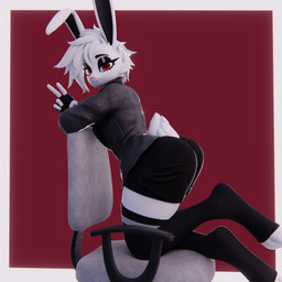 anthro big_butt butt chair femboy furniture gesture hair hand_gesture male red_eyes solo teasing thick_thighs v_sign white_body white_hair sykonejo sykonejo_(modeler) nyx_(sykonejo) lagomorph leporid mammal rabbit 1:1 3d_(artwork) blender_(artwork) digital_media_(artwork) hi_res
