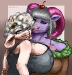 2_horns anthro big_breasts breasts clothing duo female hair horn pink_eyes pink_horn smile white_hair limbo6_6 bovid bovine cattle mammal hi_res