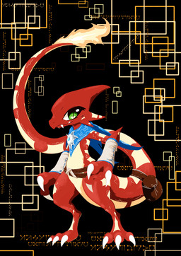 3_fingers 3_toes accessory anthro armwear badge bag belt blue_clothing blue_scarf claws clock clothing countershading cute_fangs eyelashes fangs feet femboy finger_claws fingers fire flaming_tail furgonomics green_eyes kerchief long_tail looking_at_viewer male markings pupils red_body red_scales scale_markings scales scarf slit_pupils solo spikes spikes_(anatomy) tail tail_accessory tail_bag tailband tan_body tan_scales teeth toe_claws toes watch shadowsoulful nintendo pokemon pokemon_mystery_dungeon spike_chunsoft fan_character zethe_(shadowsoulful) charmeleon generation_1_pokemon lizard pokemon_(species) reptile scalie 2025 absurd_res cel_shading hi_res lineless shaded