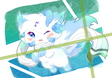 abstract_background ambiguous_gender blue_body blue_eyes blue_fur blush chibi daww feral fur kemono one_eye_closed solo white_body white_fur wink young deaic canid canine mammal 2017 hi_res shaded