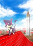 ambiguous_gender blue_sky building clock cloud day detailed_background feral green_eyes on_roof outside quadruped rooftop sky solo tower winick-lim nintendo pokemon felid generation_5_pokemon mammal pokemon_(species) purrloin 2014 digital_media_(artwork)