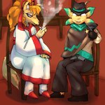 anguish boots chair clothing cowboy cowboy_boots cowboy_hat drinking duo female footwear furniture gun hat headgear headwear japanese male male/female pleased ranged_weapon shoes smoking star weapon whlelly undertale_(series) undertale_yellow ceroba_ketsukane starlo_(undertale_yellow) canid canine fox humanoid japanese_fox mammal 1:1 hi_res