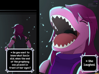 anthro armband bodily_fluids clothing crying_laughing eyebrows fangs female freckled_face freckles hair laugh open_mouth pink_body purple_clothing purple_hair purple_shirt purple_topwear sharp_teeth shirt sleeveless_jacket solo spiked_armband spikes sweater tears teeth text text_box tongue topwear turtleneck two_panel_image nerointruder deltarune one_piece undertale_(series) susie_(deltarune) dinosaur prehistoric_species reptile scalie 2025 comic english_text hi_res meme
