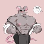 anthro blush bottomwear bulge clothing grey_body humanoid_hands male muscular muscular_male navel nipples offscreen_character pants pecs simple_background solo speech_bubble undressing demondragoncyan cookie_run cheesemaster_(cookie_run) mammal murid murine rat rodent 1:1 2024 absurd_res hi_res