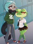 anthro averting_eyes blush bottomwear clothed clothed_anthro clothed_female clothed_male clothing denim denim_bottomwear denim_clothing duo female flirting flustered_male footwear high_school hoodie jeans latina locker male male/female nerd pants romantic romantic_couple school school_uniform shoes sneakers topwear uniform young young_anthro young_female young_male freakster warhammer_(franchise) warhammer_40000 vyla xiro_decobray amphibian frog hybrid reptile scalie snake 3:4 hi_res spanish_description