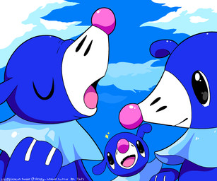 ambiguous_gender black_eyes blue_body cloud eyes_closed fangs feral group markings open_mouth sky sparkles teeth tongue trio whisker_markings sleepy_sealion nintendo pokemon generation_7_pokemon pokemon_(species) popplio 2025 6:5 dated hi_res signature