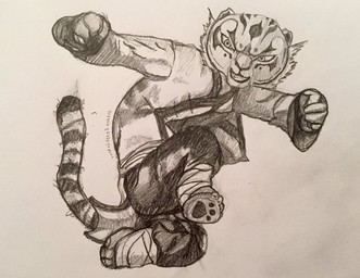 anthro asian biped claws clothed clothing female fight fur jumping kick oversized_clothing paws raised_leg robe simple_background smile solo striped_body striped_fur stripes teeth white_background wind lordofpengz dreamworks kung_fu_panda master_tigress felid mammal pantherine tiger 2016 graphite_(artwork) monochrome sketch traditional_media_(artwork)