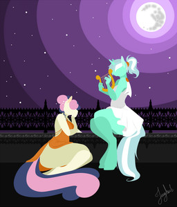 anthro anthrofied blue_hair clothing dress duo female green_hair hair horn lyre moon musical_instrument night outside pink_hair plucked_string_instrument sitting sky star starry_sky string_instrument white_hair jooughust friendship_is_magic hasbro my_little_pony mythology bonbon_(mlp) lyra_heartstrings_(mlp) earth_pony equid equine horse mammal mythological_creature mythological_equine pony unicorn 2014