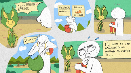 :3 anthro bodily_fluids day duo female flying_sweatdrops gameplay_mechanics grass green_body looking_at_another male mouth_closed multicolored_body open_mouth outside plant smile speech_bubble standing sweat sweatdrop text yellow_body lr2d nintendo pokemon arthropod generation_5_pokemon human insect leavanny mammal pokemon_(species) english_text hi_res spanish_description