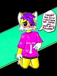 anthro blush blush_lines boxers_(clothing) bulge clothing fur hair male messy_hair pink_clothing pink_shirt pink_t-shirt pink_topwear purple_hair shirt simple_background solo speech_bubble t-shirt text text_on_clothing topwear transparent_background underwear white_body white_fur yellow_body yellow_fur bartisthedoggie bartis_(bartisthedoggie) canid canine canis domestic_dog mammal 3:4 alpha_channel cel_shading english_text shaded signature