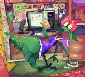 anthro balls big_balls big_butt book butt chair computer_mouse curtains electronics furniture genitals gesture green_body hand_gesture keyboard looking_at_viewer male microphone monitor poster screencap sitting solo tail v_sign vr_headset wings roksim final_fantasy hiveswap homestuck ms_paint_adventures mythology square_enix wings_of_fire roksim_the_time_mage time_mage amphibian dragon frog mythological_creature mythological_scalie scalie hi_res