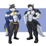 anthro belt black_nose blonde_highlights blue_body blue_fur blue_hair clothed clothing fluffy fluffy_tail fur hair highlights_(coloring) lying male muscular muscular_anthro muscular_male on_back pecs pose shirt smile solo tail topwear yellow_eyes guzreuef agonylight discordnight canid canine canis mammal sergal wolf 1:1 2018 hi_res