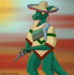 anthro clothing desert female genitals gun handgun hat headgear headwear pistol pussy ranged_weapon scarf solo sombrero weapon yellow_eyes mercrantos dungeons_and_dragons hasbro wizards_of_the_coast kobold scalie hi_res