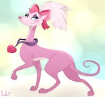 blue_eyes blush bow_tie female feral hair heart_necklace long_neck ponytail smile solo lulu_(artist) all_dogs_go_to_heaven don_bluth annabelle_(all_dogs_go_to_heaven) canid canine canis domestic_dog hunting_dog mammal sighthound whippet 2018 signature