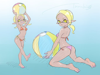 ball beach_ball bikini breasts butt clothing dark_body dark_skin eyebrows feet female humanoid_pointy_ears inflatable kneeling pointy_ears pseudo_hair side-tie_bikini solo string_bikini swimwear tentacle_hair tentacles two-piece_swimsuit tanukichikushin nintendo splatoon frye_(splatoon) aquatic cephalopod humanoid inkling mollusk 2026 4:3 colored_sketch hi_res sketch