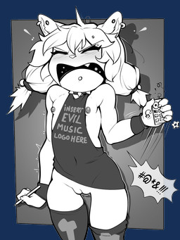 anthro blush bottomless clothed clothing collar ear_piercing ear_ring eyelashes eyes_closed female front_view genitals holding_object legwear loli nipple_slip nipples no_underwear piercing ring_piercing solo spiked_collar spikes thigh_highs tongue tongue_piercing topwear vulva young young_female sicmop molly_(sicmop) bear mammal absurd_res alpha_channel hi_res monochrome