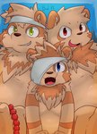 anthro belly biped blue_eyes brown_body brown_fur brown_nose fur green_eyes group kemono overweight red_eyes sitting matatabi88 tiri_mama canid canine mammal raccoon_dog tanuki 2015 hi_res