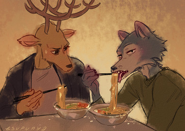 5_fingers anthro antlers blush bodily_fluids bottomwear chopsticks clothing duo eating fingers food footwear furniture hand_holding horn jacket male noodles pants ramen ramen_bowl ramen_noodles shoes sweat sweater table teeth tongue topwear uniform tsupunya beastars legoshi_(beastars) louis_(beastars) canid canine canis deer mammal wolf 2023 digital_drawing_(artwork) digital_media_(artwork)