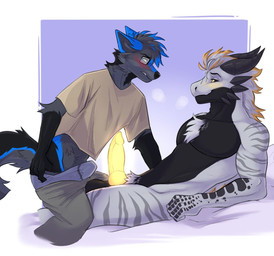 animal_genitalia animal_penis anthro athletic athletic_anthro athletic_male black_body black_fur black_sclera blue_body blue_ears blue_eyes blue_fur blue_markings blush boxer_briefs breath canine_genitalia canine_penis clothing duo erection eyewear fur genitals glasses glowing glowing_genitalia glowing_penis grey_body grey_fur grey_mane horn imminent_sex knot knotted_penis lying male male/male mane markings multicolored_body multicolored_fur multicolored_mane nude on_back orange_mane penis rectangular_glasses shirt striped_markings stripes t-shirt tenting topwear two_tone_body two_tone_fur two_tone_mane underwear undressing wearing_glasses yellow_eyes yellow_penis seagullart2 mythology azrael_the_dragon canid canine dragon mammal mythological_creature mythological_scalie scalie