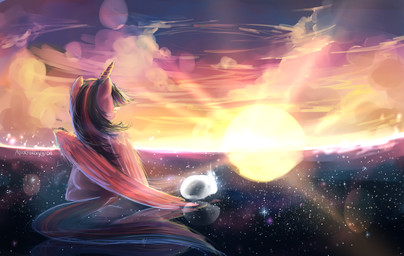 cloud detailed_background feathered_wings feathers female feral fur hair horn multicolored_hair outside purple_body purple_feathers purple_fur sky solo sparkles star sun two_tone_hair wings aquagalaxy friendship_is_magic hasbro my_little_pony mythology twilight_sparkle_(mlp) equid equine mammal mythological_creature mythological_equine winged_unicorn 2014 hi_res