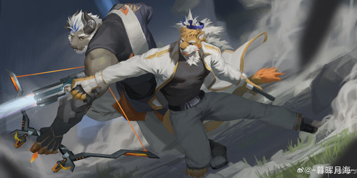 action_pose anthro black_clothing black_horn black_nose black_topwear blonde_hair blue_crown blue_eyes blue_hair bottomwear bow_(weapon) clothed clothing crown duo fur grey_body grey_bottomwear grey_clothing grey_fur grey_pants gun hair headgear holding_arrow holding_bow_(weapon) holding_gun holding_object holding_ranged_weapon holding_weapon horn male male_anthro mouth_closed multicolored_hair muscular muscular_anthro muscular_male open_clothing open_topwear pants pose ranged_weapon standing tail tail_tuft topwear tuft two_tone_hair weapon white_body white_clothing white_fur white_hair white_topwear yellow_body yellow_eyes yellow_fur awaldkize bovid bovine cattle felid mammal 2024 absurd_res dated hi_res