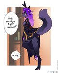anthro areola barefoot barely_visible_vulva black_body black_fur bottomless breasts cheek_tuft clothed clothing digitigrade exposed exposed_breasts facial_tuft feet female fur genitals gold_markings hair inner_ear_fluff long_hair markings nipples pawpads purple_body purple_fur purple_hair reclining simple_background solo tail tuft vulva yellow_eyes foxboy83 zahir_(vectorrain) canid mammal colored digital_media_(artwork) flat_colors full-length_portrait hi_res portrait