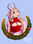 anthro areola belly breasts christmas_clothing christmas_decorations claws cleavage clothed clothing female fur grey_horn hair heart_symbol holidays horn looking_at_viewer navel pink_body pink_eyes raised_arm red_clothing smile solo text white_hair white_inner_ear ulna_moon christmas mythology new_year new_year_2023 eiris_(saren662) dragon furred_dragon furred_scalie mythological_creature mythological_scalie scalie 2022 english_text hi_res