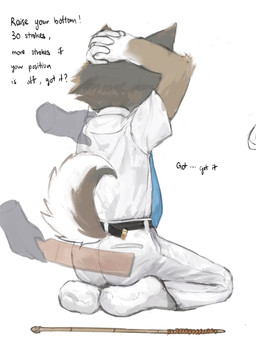 5_fingers accessory adolescent anthro blue_necktie bottomwear butt_slap cane clothing corporal_punishment dialogue disembodied_hand duo fingers fur gloves_(marking) grey_body grey_fur hand_on_head hand_on_shoulder male markings necktie paddle paddling pants raised_tail school_uniform shirt simple_background slap solo_focus spanking speech_bubble submissive submissive_male submissive_young tail text topwear uniform white_background white_bottomwear white_clothing white_pants white_shirt white_topwear young young_anthro young_male laggy_(artist) kyle_(laggy) canid canine canis coyote mammal 2025 chinese_text hi_res translated
