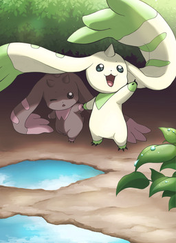 anthro beady_eyes brown_body brown_fur daww duo fur hand_holding horn long_ears prehensile_ears puddle raining white_body white_fur baalbeel11 bandai_namco digimon digimon_(species) lopmon terriermon hi_res sibling_(lore) twins_(lore)