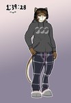 ambiguous_gender anthro clothing countershade_face countershade_fur countershade_tail countershading electronics facial_markings fluffy_clothing footwear fur gradient_background hair hand_on_hip head_markings headphones hoodie long_hair markings pajama_bottoms shoes simple_background slippers solo tail topwear whiskers mglblaze blaze_(mglblaze) domestic_cat felid feline felis mammal hi_res nonbinary_(lore)