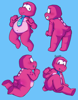 anthro belly biped blue_background blush butt humanoid_hands male moobs navel nervous nervous_smile open_mouth pink_body simple_background smile solo standing alex6886 gameoverse glitch_productions gobbles_(gameoverse) dinosaur prehistoric_species reptile scalie 2026 hi_res
