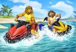 anthro beach duo eye_contact jetski looking_at_another male muscular open_mouth outside smile tail tail_tuft tongue tuft water karmen16 felid lion mammal pantherine