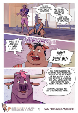 anthro arm_tattoo barbell biped black_hair bottomwear clothed clothed_anthro clothed_male clothing dialogue duo exercise fur grey_body grey_fur hair horn male male_anthro muscular muscular_anthro muscular_male overweight overweight_anthro overweight_male pink_body pink_hair pink_skin shorts shoulder_tattoo sitting standing tattoo text weightlifting workout mikrogoat basil_(mikrogoat) perry_(mikrogoat) bovid bovine cattle domestic_pig mammal suid suine sus_(pig) comic english_text hi_res url nonbinary_(lore)