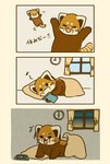 bedding blanket brown_body cellphone chibi dot_eyes electronics feral kemono open_mouth phone pillow plushie simple_eyes smartphone solo surprise text shi_nominmin ailurid mammal red_panda 2025 comic hi_res japanese_text