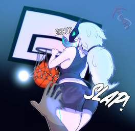 annoyed anthro athletic_wear ball basket basketball_(ball) bottomwear butt butt_slap clothing container female female_anthro first_person_view gym_bottomwear gym_shorts hair looking_at_viewer male male_pov mask playing_basketball ponytail shorts slap sound_effects spank_marks spanking sportswear wearing_mask tad_shummar league_of_legends riot_games tencent kindred_(lol) lamb_(lol) bovid caprine human humanoid mammal hi_res