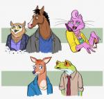 anthro breasts cardigan cleavage clothed clothing colored_nails duo female jacket male nails solo topwear introducingemy bojack_horseman netflix bojack_horseman_(character) charley_witherspoon charlotte_moore princess_carolyn wanda_pierce amphibian avian bird cervine deer domestic_cat equid equine felid feline felis frog horse mammal owl red-eyed_treefrog tree_frog