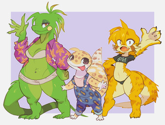 aloha_shirt anthro barefoot big_butt black_clothing black_panties black_shirt black_topwear black_underwear blep blonde_hair border bottomwear breasts brown_eyes butt cleavage clothed clothing feet female gesture group hair hand_on_hip medium_breasts navel navel_piercing non-mammal_breasts non-mammal_navel overalls panties pattern_clothing pattern_shirt pattern_topwear piercing shirt shorts slightly_chubby slightly_chubby_anthro slightly_chubby_female small_breasts tail text text_on_clothing text_on_shirt text_on_topwear thick_thighs tongue tongue_out topwear trio underwear waving white_border white_bottomwear white_clothing white_shorts wide_hips yellow_eyes kaeritai07 futago_gigami-chan amphibian crested_gecko gecko iguana iguanid lizard reptile salamander scalie